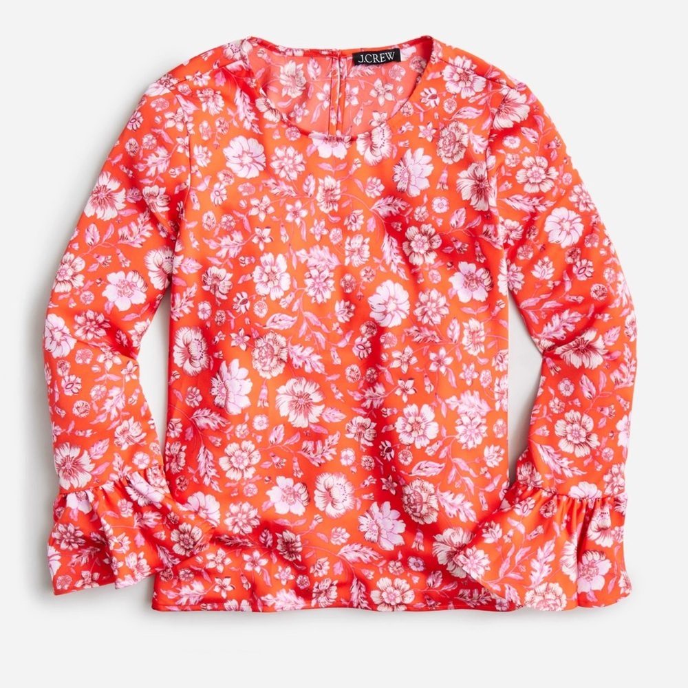 J.Crew Women M Winter Garden Orange Poppy Fields Bell Sleeve Popover Blouse